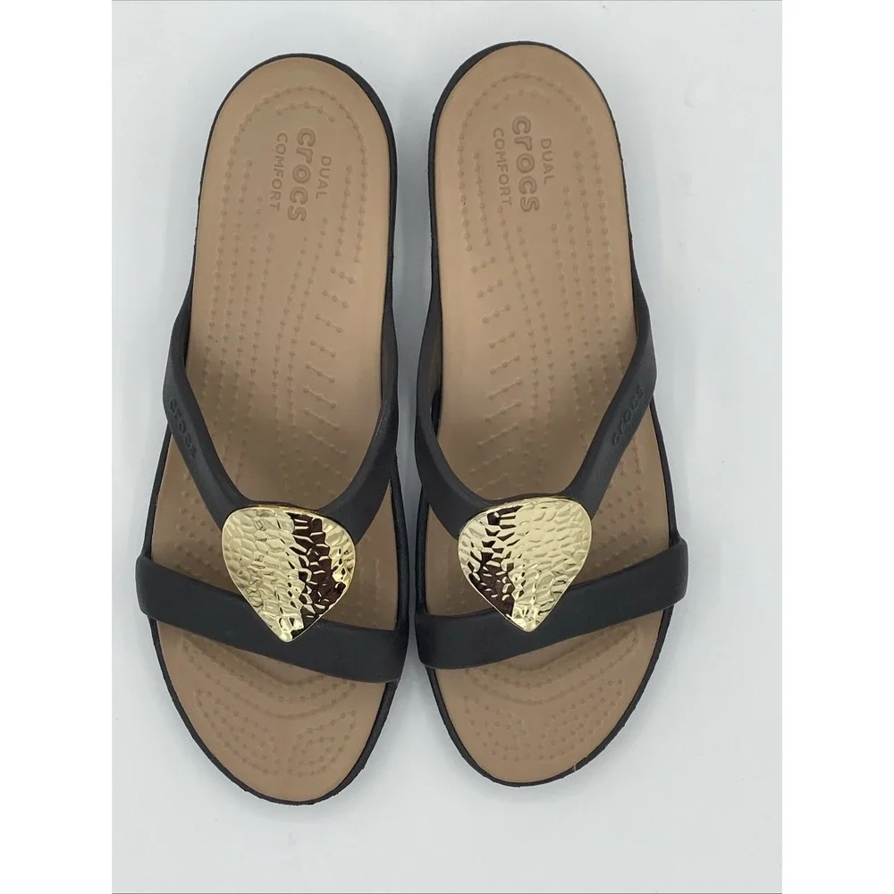Crocs Sanrah Hammered Tear Drop Sandal Espresso Gold Womens 10